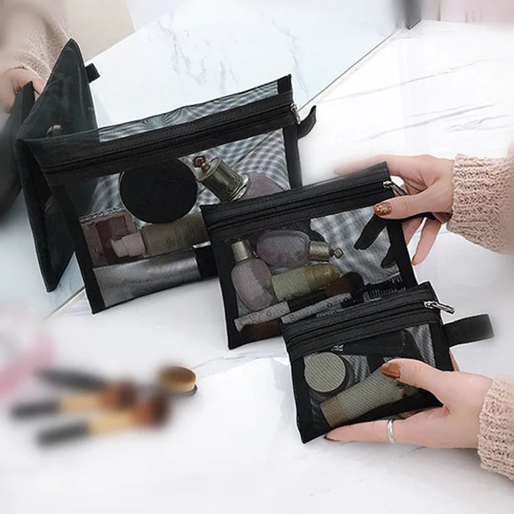 1/3pcs Mesh Clear Cosmetic Bags - Small & Large Black Makeup Bag, Portable Travel Toiletry Organizer