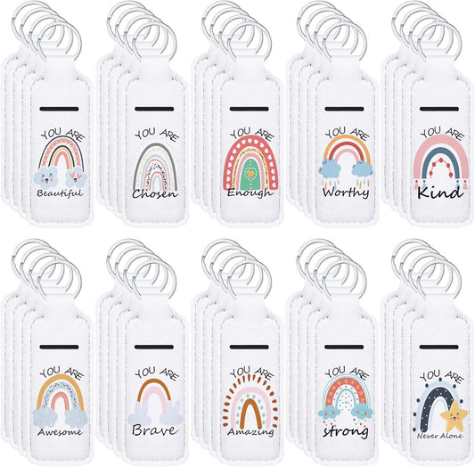 40 Pcs Bohemian Rainbow Lipstick Holder with Inspirational Words Portable Clip on Lip Gloss Sleeve Pouch Keychain Boho Pocket Lip Balm Holder for Graduation Gifts, 10 Pattern (White Rainbow)