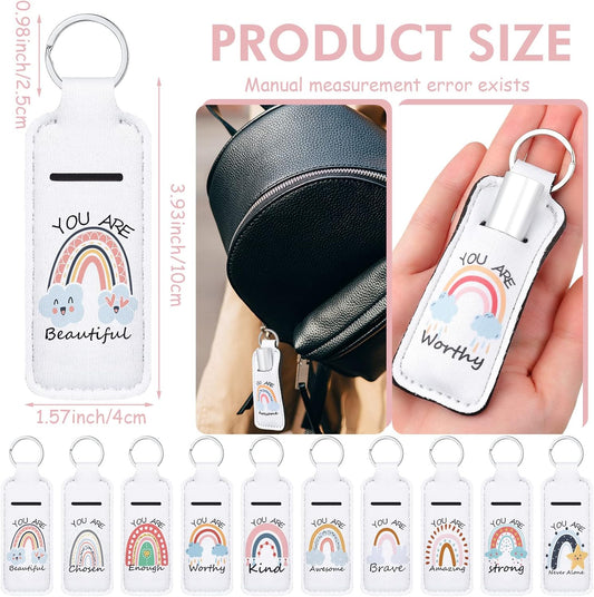 40 Pcs Bohemian Rainbow Lipstick Holder with Inspirational Words Portable Clip on Lip Gloss Sleeve Pouch Keychain Boho Pocket Lip Balm Holder for Graduation Gifts, 10 Pattern (White Rainbow)