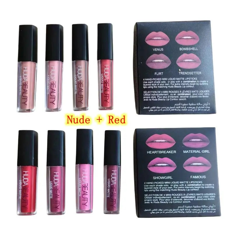 4pcs Lipstick Set Matte Lip Gloss Waterproof Lip Glaze Tint Non-stick Non-Fading Lips Huda Lip Makeup Cosmetic Lip Care