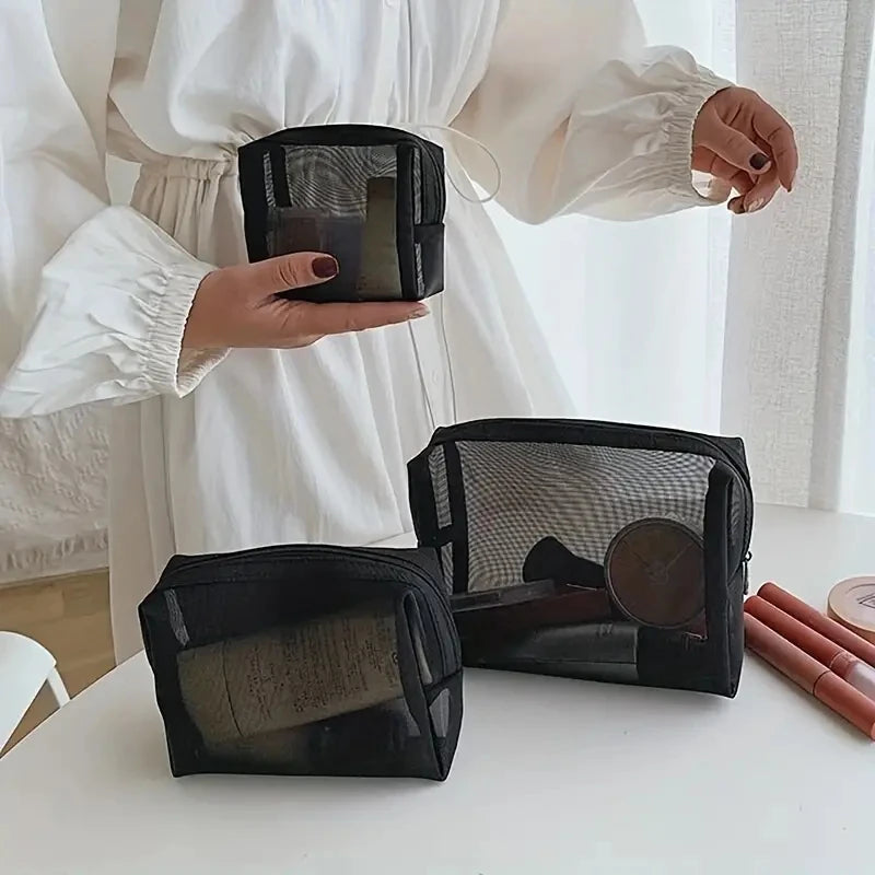 1/3pcs Mesh Clear Cosmetic Bags - Small & Large Black Makeup Bag, Portable Travel Toiletry Organizer