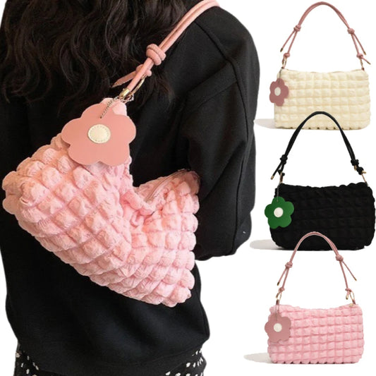Korean Soft Cloud Bubbles Handbag for Women & Girls - Flower Pleated Underarm Bag & Casual Pouch Purse