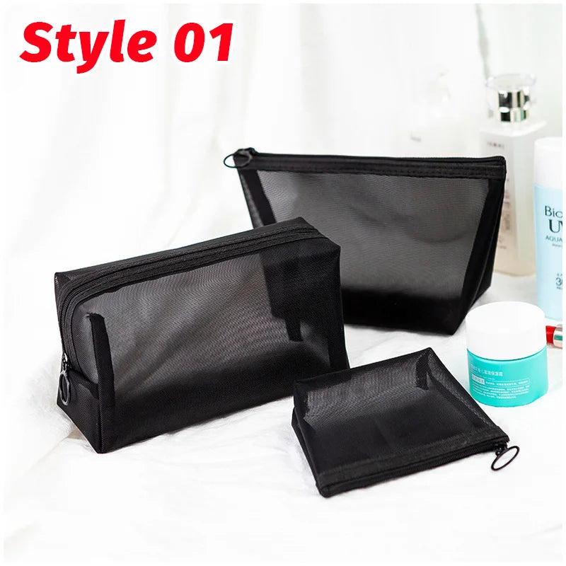 1/3pcs Mesh Clear Cosmetic Bags - Small & Large Black Makeup Bag, Portable Travel Toiletry Organizer