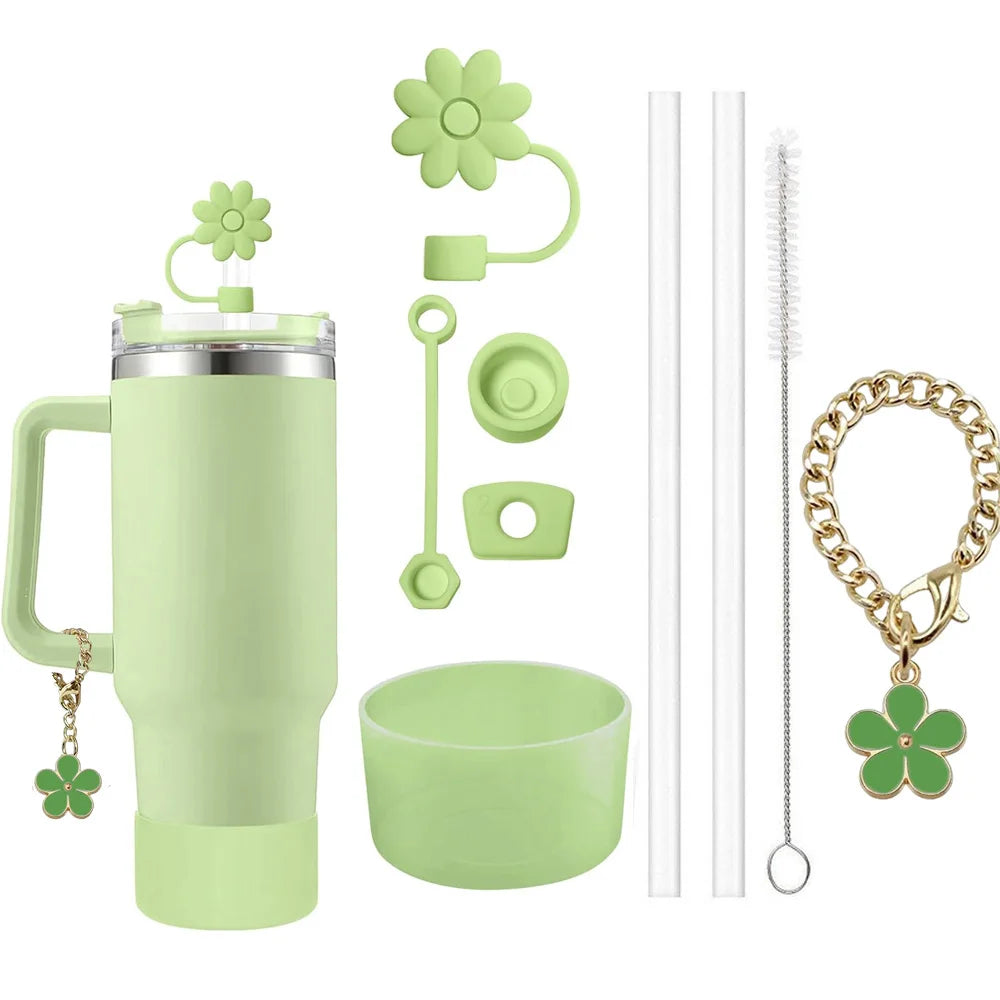 9PCS Accessories Set for Stanley Cup: Spill Proof Stoppers, Flower Straw Covers, Straws & Brush