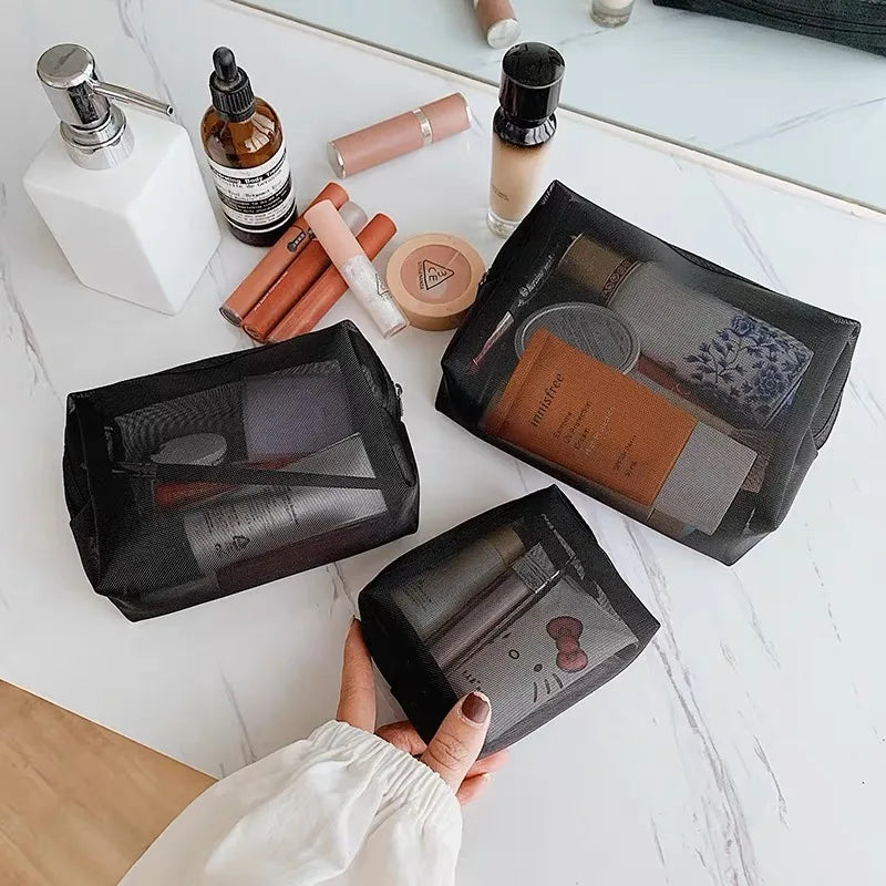 1/3pcs Mesh Clear Cosmetic Bags - Small & Large Black Makeup Bag, Portable Travel Toiletry Organizer