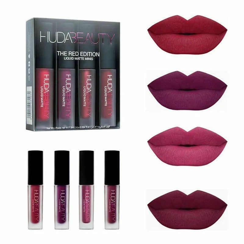 4pcs Lipstick Set Matte Lip Gloss Waterproof Lip Glaze Tint Non-stick Non-Fading Lips Huda Lip Makeup Cosmetic Lip Care