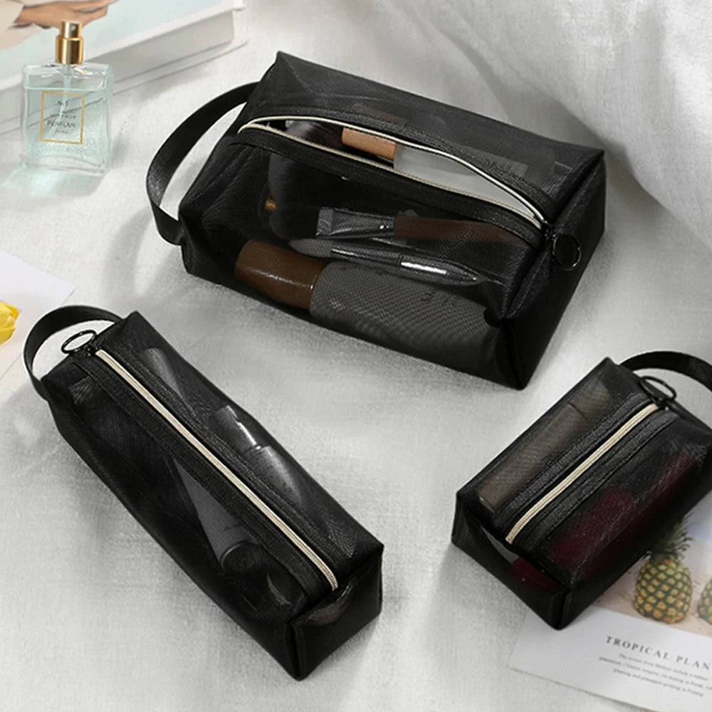 1/3pcs Mesh Clear Cosmetic Bags - Small & Large Black Makeup Bag, Portable Travel Toiletry Organizer