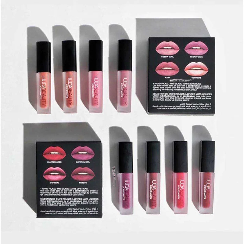 4pcs Lipstick Set Matte Lip Gloss Waterproof Lip Glaze Tint Non-stick Non-Fading Lips Huda Lip Makeup Cosmetic Lip Care