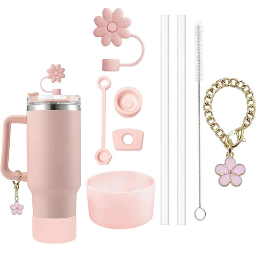 9PCS Accessories Set for Stanley Cup: Spill Proof Stoppers, Flower Straw Covers, Straws & Brush