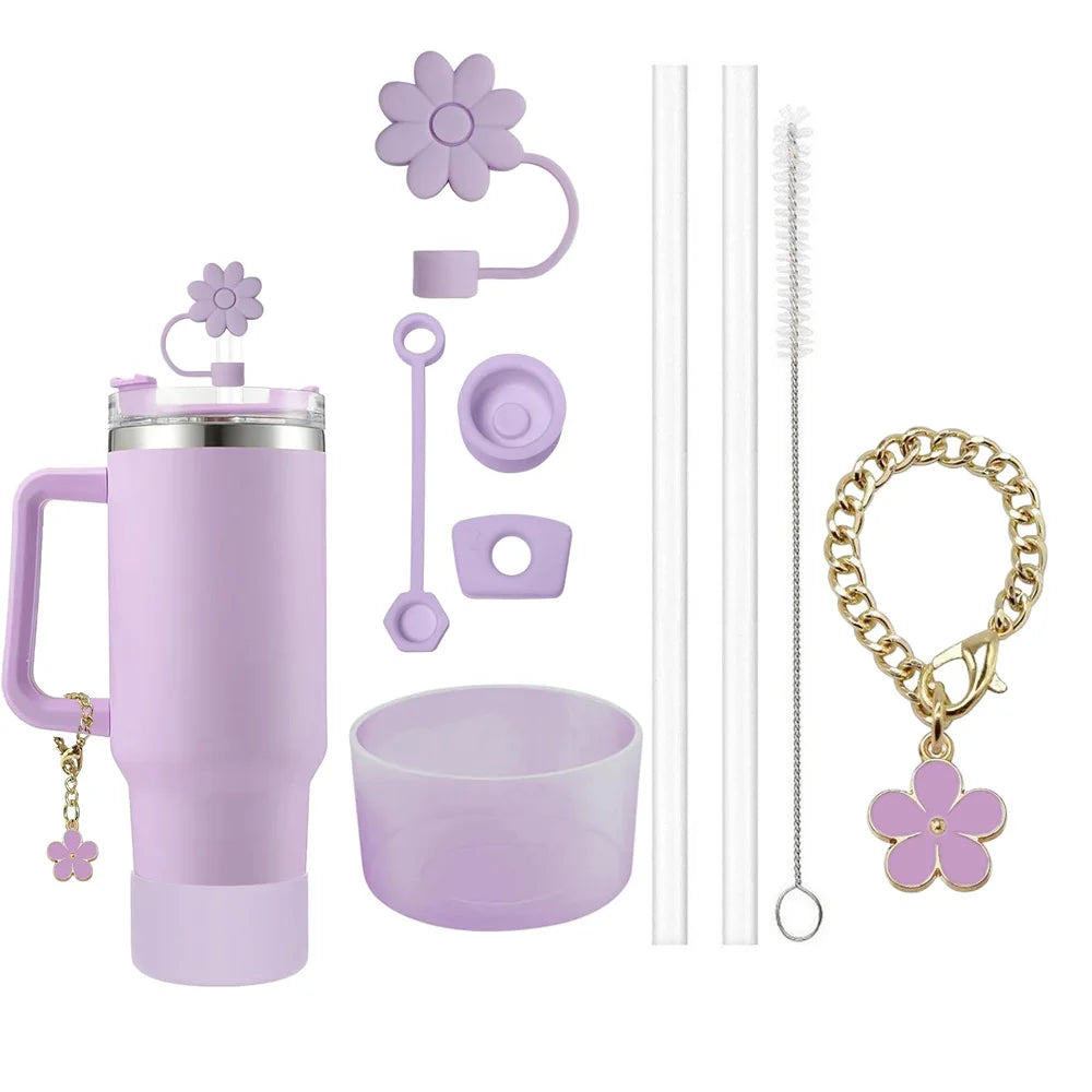 9PCS Accessories Set for Stanley Cup: Spill Proof Stoppers, Flower Straw Covers, Straws & Brush