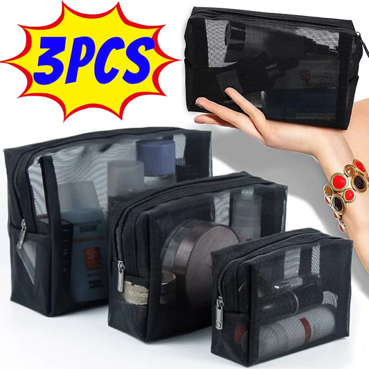1/3pcs Mesh Clear Cosmetic Bags - Small & Large Black Makeup Bag, Portable Travel Toiletry Organizer